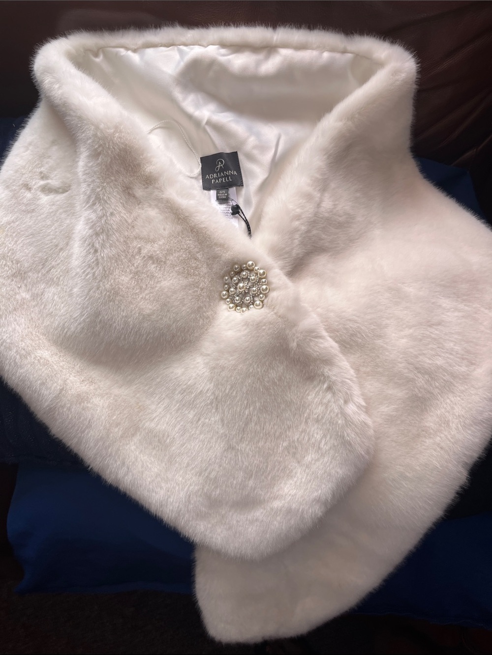Adrianna Papell Ivory Faux Fur Bridal Cape with Pearl Brooch